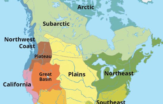 A map shows the following sections of North America: Arctic, Subarctic, Northwest Coast, California, Plateau, Great Basin, Southwest, Plains, Northeast, Southeast.