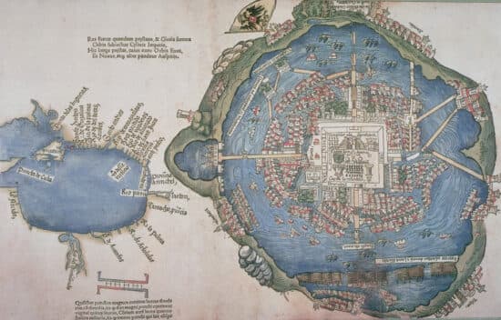 A map shows the city of Tenochtitlán. The rendering depicts waterways, sophisticated buildings, ships, and flags. Numerous causeways connect the central city to the surrounding land.