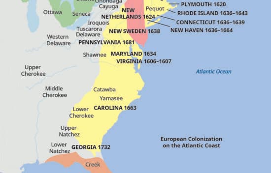 This is a map showing the English, Dutch, French, and Spanish colonies on the Atlantic coast and the dates of their settlement, as well as the names of Indian tribes inhabiting those areas. English colonies are New Hampshire 1623, Massachusetts Bay 1629 to 1630, Plymouth 1620, Rhode Island 1636 to 1643, Connecticut 1636 to 1639, New Haven 1636 to 1664, Pennsylvania 1681, Maryland 1634, Virginia 1606 to 1607, Carolina 1663, and Georgia 1732. Dutch colonies are New Netherlands 1624 and New Sweden 1638. French colony is New France 1534. Spanish colony is Florida 1513. Indian tribes inhabiting these colonized areas are Penobscot, Abenaki, Kennebec, Narragansett, Pequot, Mohawk, Oneida, Huron, Ottawa, Seneca, Onondaga, Cayuga, Iroquois, Tuscarora, Delaware, Western Delaware, Shawnee, Upper Cherokee, Middle Cherokee, Lower Cherokee, Catawba, Yamasee, Upper Natchez, Lower Natchez, Creek.