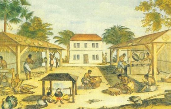 This is a 1670 painting showing bare-chested, barefoot black men in knee-length pants, doing various tasks associated with tobacco drying. Some stand in sheds hanging the leaves up to dry.