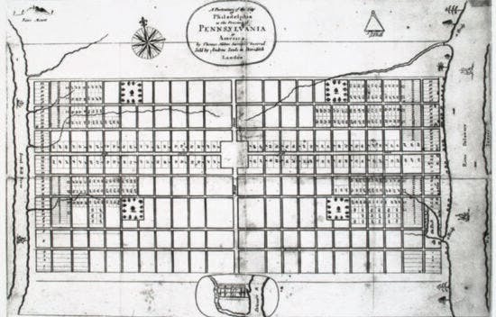 The first map depicting Philadelphia as a grid of streets and squares is shown.