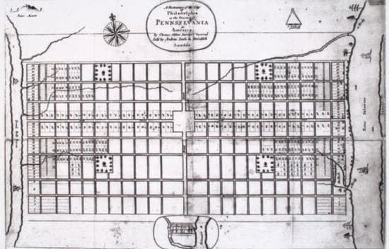 The first map depicting Philadelphia as a grid of streets and squares is shown.