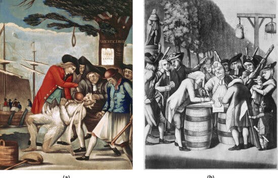 On the left, a painting shows five Patriots tarring and feathering the Commissioner of Customs, John Malcolm. One Patriot forcibly pours tea from a teapot into Malcolm’s mouth. In the background, the Boston Tea Party and the Liberty Tree are visible. On the Liberty Tree hangs an upside-down paper labeled “Stamp Act.” On the right, an engraving shows a merchant signing a non-importation agreement outdoors on a makeshift table of barrels, surrounded by a crowd of stern-looking people holding thick sticks. Behind him, another man, forcibly held by a group of threatening-looking men, is apparently next in line to sign the agreement. In the background, a bag of tar and a bag of feathers hang from a wooden structure.
