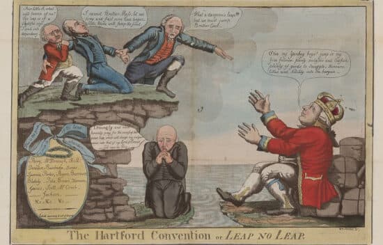 A political cartoon of three men on a cliff and a man under the cliff, representing New England states, wondering whether to jump (commit treason), while the British monarch, shown separated from the men by water, encourages them to jump off the cliff.