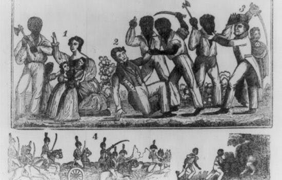 Image of slaves attacking men, women, and children (top), while the bottom panel shows armed men on horseback chasing the slaves away.