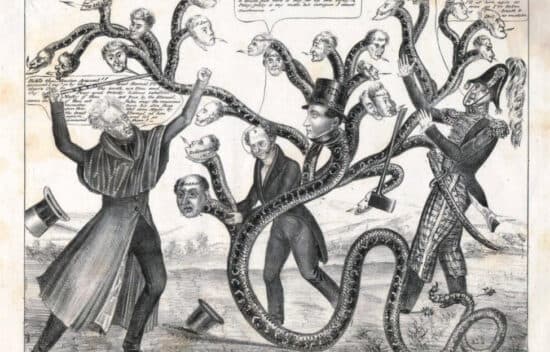 Cartoon of three men fighting a monstrous snake-like creature with multiple human heads. The man on the left holds a cane that says “veto” on it. The man on the right has dropped his axe.