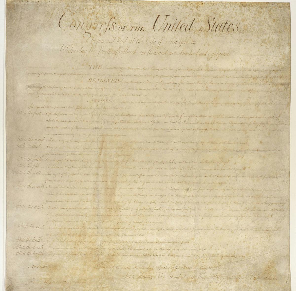 A photo from part of the original Bill of Rights document