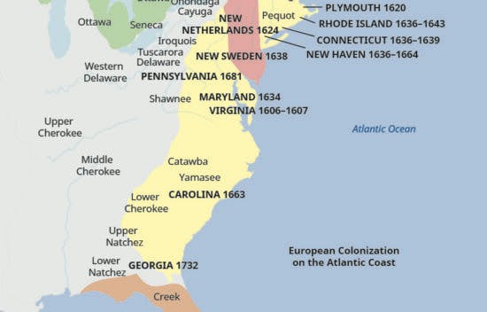 This is a map showing the English, Dutch, French, and Spanish colonies on the Atlantic coast and the dates of their settlement, as well as the names of Indian tribes inhabiting those areas. English colonies are New Hampshire 1623, Massachusetts Bay 1629 to 1630, Plymouth 1620, Rhode Island 1636 to 1643, Connecticut 1636 to 1639, New Haven 1636 to 1664, Pennsylvania 1681, Maryland 1634, Virginia 1606 to 1607, Carolina 1663, and Georgia 1732. Dutch colonies are New Netherlands 1624 and New Sweden 1638. French colony is New France 1534. Spanish colony is Florida 1513. Indian tribes inhabiting these colonized areas are Penobscot, Abenaki, Kennebec, Narragansett, Pequot, Mohawk, Oneida, Huron, Ottawa, Seneca, Onondaga, Cayuga, Iroquois, Tuscarora, Delaware, Western Delaware, Shawnee, Upper Cherokee, Middle Cherokee, Lower Cherokee, Catawba, Yamasee, Upper Natchez, Lower Natchez, Creek.