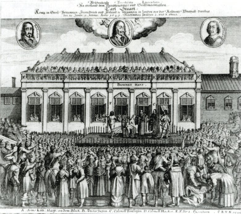 An image shows the execution of Charles the first. Crowds of people surround the stage where he is being executed.