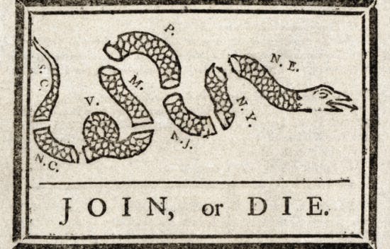 A political cartoon of a cut-up snake is shown. Each part is labeled with a letter representing the colonies.