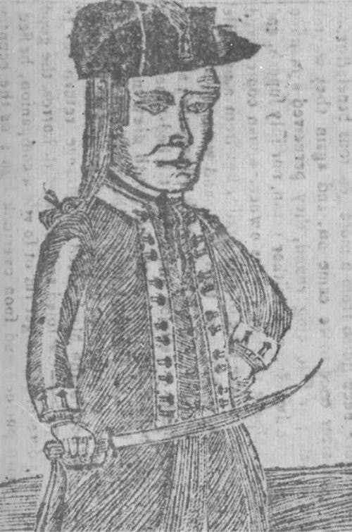 A woodcut depicts Daniel Shays and Job Shattuck, who wears the uniform of an officer of the Continental Army. He holds a sword.