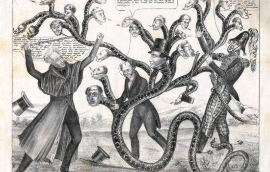 Cartoon of three men fighting a monstrous snake-like creature with multiple human heads. The man on the left holds a cane that says “veto” on it. The man on the right has dropped his axe.