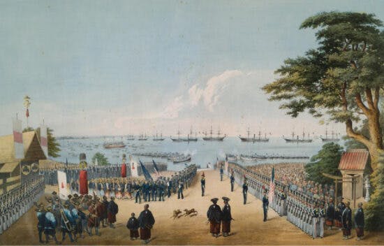 Painting of a harbor, showing soldiers lined up and others in a group to the left, with ships and boats in the water.