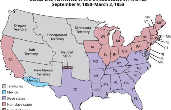 Map of the states and territories of the United States, showing the panhandle of present-day Oklahoma as disputed (labeled “neutral strip”); Mexico as a small strip of what is currently southern Arizona and southwest New Mexico; territories of Oregon, Utah, New Mexico, Unorganized, and Minnesota; slave states of Texas and those east to the Atlantic and north to Missouri, Kentucky, Virginia, Maryland, and Delaware; and non-slave states as Iowa and Wisconsin, and all remaining states to the east (and north of the indicated slave states).