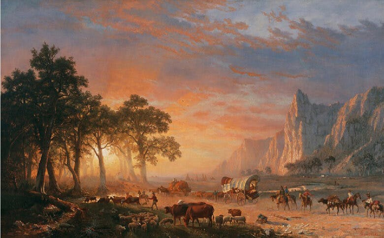 Painting of a wagon train surrounded by mountains on the right, trees on the left, and animals all around.