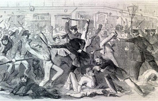 The cartoon shows policemen beating civilians with clubs. The civilian men also hold weapons. Several civilian men lie on the ground.