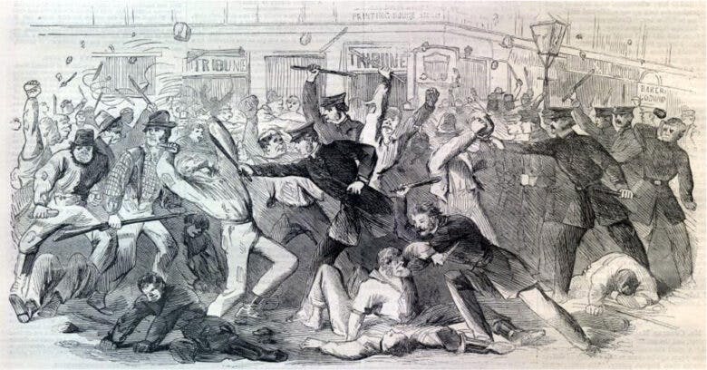 The cartoon shows policemen beating civilians with clubs. The civilian men also hold weapons. Several civilian men lie on the ground.