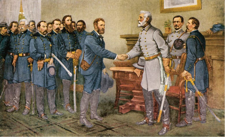 An image of Union general Ulysses S. Grant and Confederate commander Robert E. Lee at Appomattox Court House as they agree to terms of Lee’s surrender