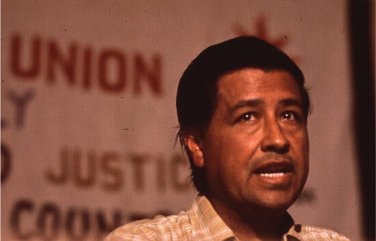 César Chávez delivers a speech.