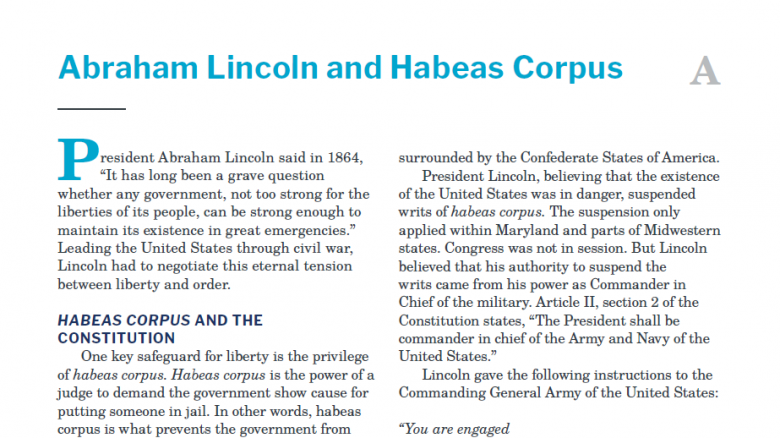 Presidents and the Constitution Handout A Abraham Lincoln and Habeas Corpus