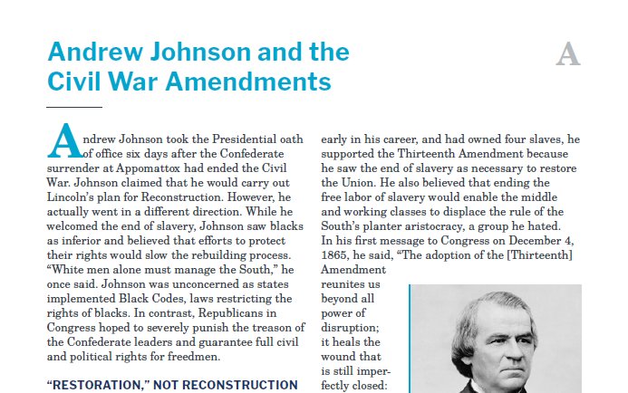 Presidents and the Constitution Handout A Andrew Johnson and the Civil War Amendments