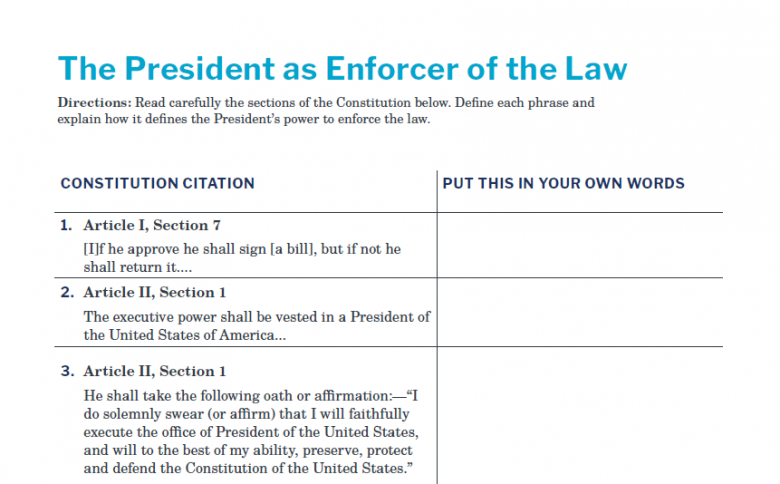Presidents and the Constitution Handout A President as Enforcer of the Law