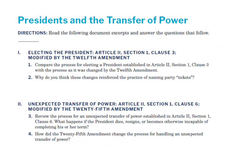 Presidents and the Constitution Handout A Presidents and the Transfer of Power