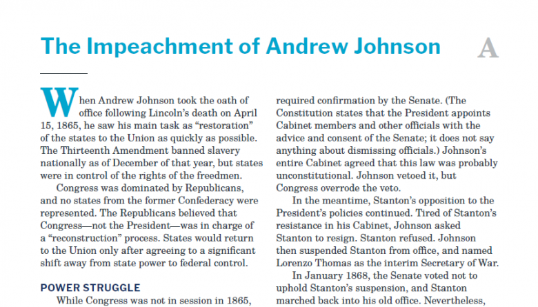 Presidents and the Constitution Handout A The Impeachment of Andrew Johnson