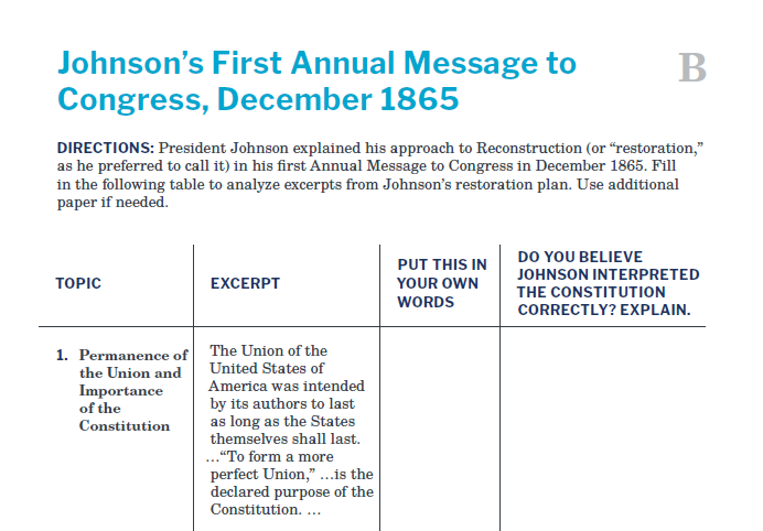 Presidents and the Constitution Handout B Johnson's First Annual Message to Congress December 1865