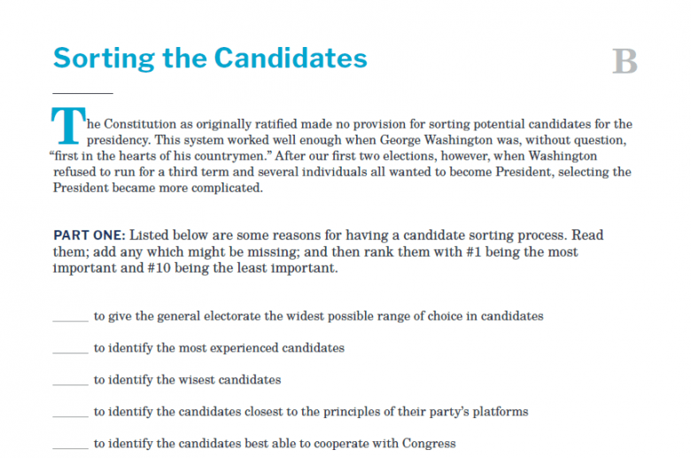 Presidents and the Constitution Handout B Sorting the Candidates (Election of 1800)