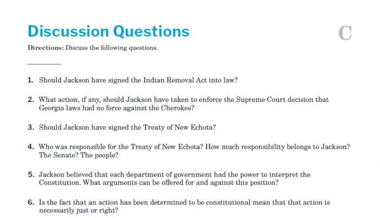Presidents and the Constitution Handout C Discussion Questions (Indian Removal)