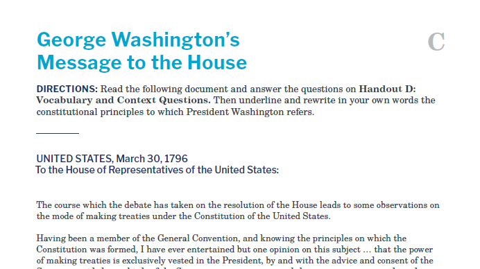 Presidents and the Constitution Handout C George Washington's Message to the House