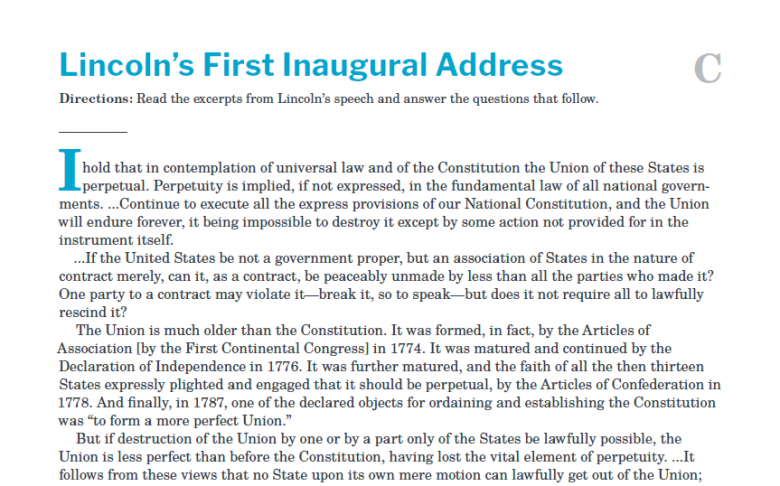 Presidents and the Constitution Handout C Lincoln's First Inaugural Address
