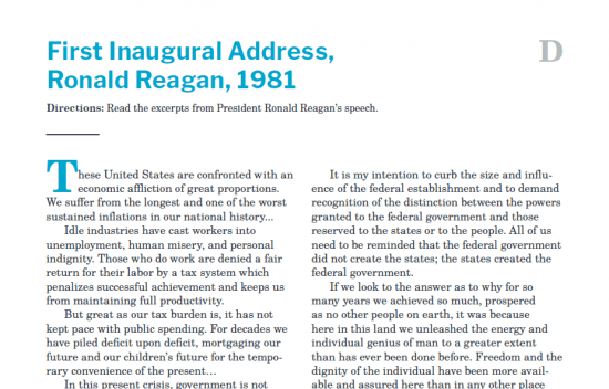 Presidents and the Constitution Handout D First Inaugural Address Ronald Reagan 1981