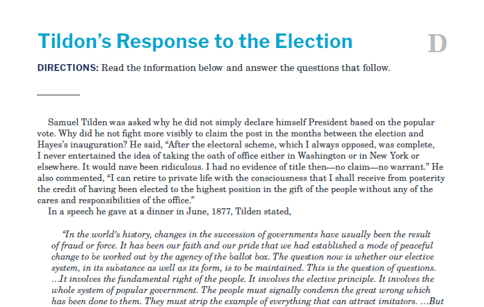 Presidents and the Constitution Handout D Tildon's Response to the Election