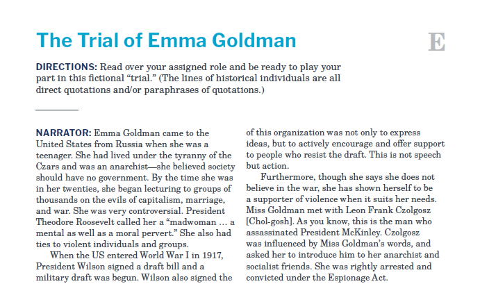 Presidents and the Constitution Handout E The Trial of Emma Goldman