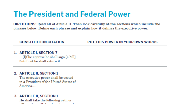 The President and Federal Power Handout A